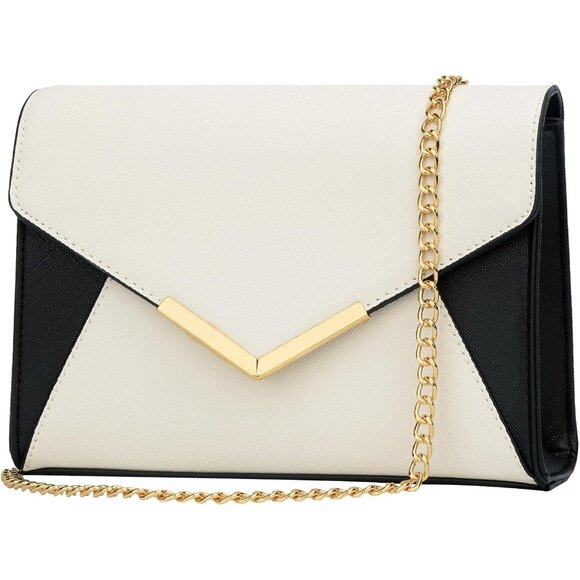 ⚡ Women's Black White Leather Elegant Snap Closure Envelope Foldover Clutch Bag - Picture 2 of 7